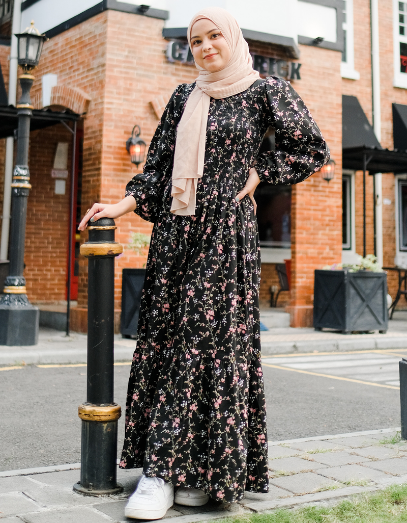 ROSALEEN Smocked Maxi Dress in Black