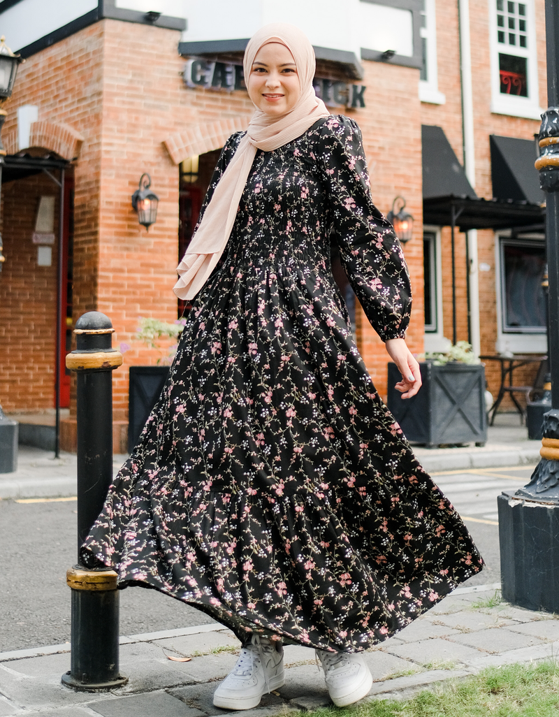 ROSALEEN Smocked Maxi Dress in Black