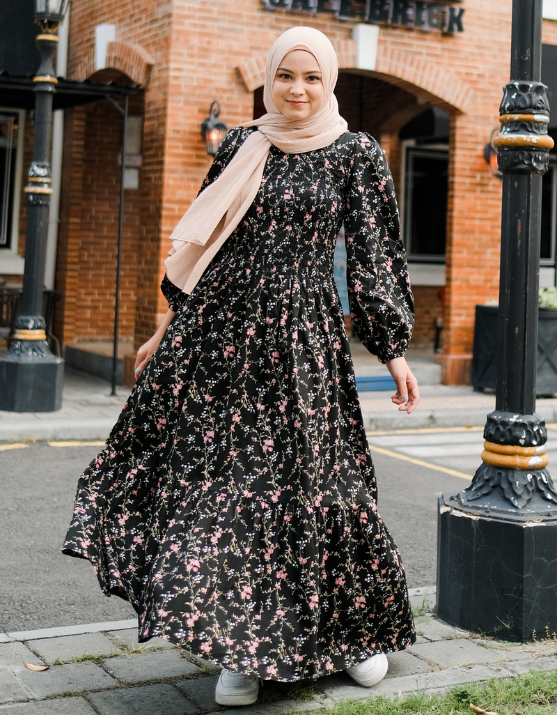 ROSALEEN Smocked Maxi Dress in Black