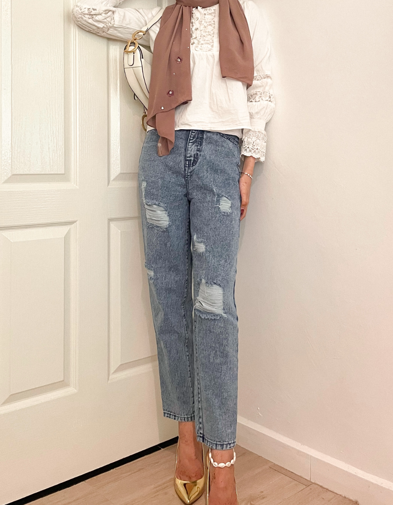 Fully-lined Ripped Jeans (Grey Blue)