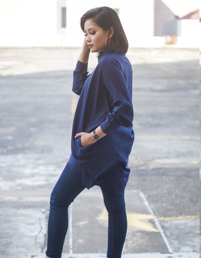 Batwing High Low Shirt in Navy Blue