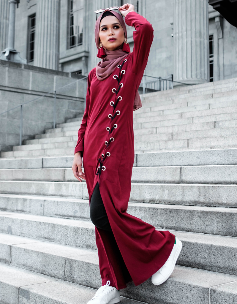Lace Up Ribbon Slit Maxi Dress in Burgundy