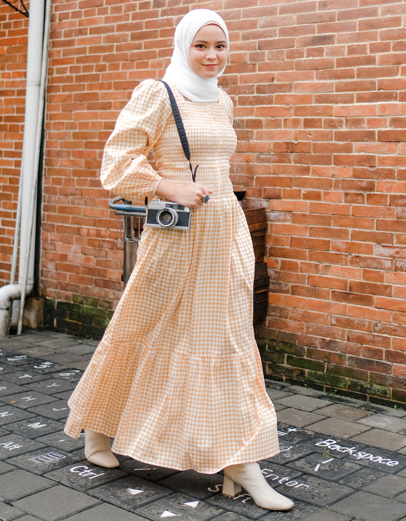 KOTAQUE Smocked Maxi Dress in Mustard