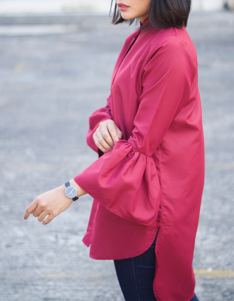 Bell-Sleeve High Low Shirt in Maroon