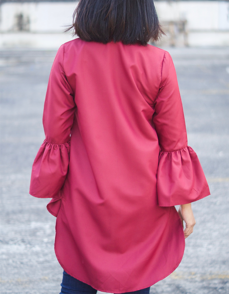 Bell-Sleeve High Low Shirt in Maroon