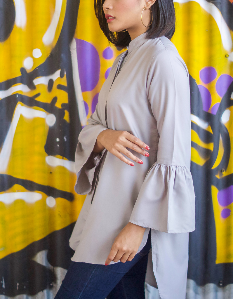 Bell-Sleeve High Low Shirt in Silver Grey